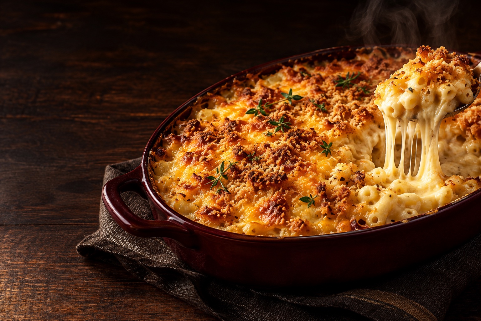 Golden, bubbling casserole with a spoonful of melted cheese
